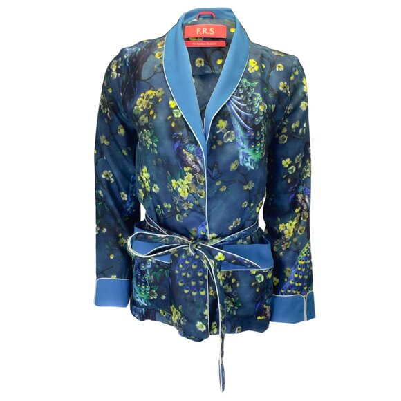 F.R.S FOR RESTLESS SLEEPERS BLUE / GREEN MULTI FLORAL PEACOCK PRINTED BELTED SIL - Picture 1 of 5
